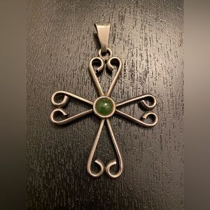 Vintage Mexican .925 Sterling Silver Cross Pendant with Green Cabochon